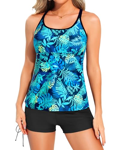 Yonique Womens Tankini Swimsuits Athletic Two Piece Tummy Control Bathing Suits With Shorts Modest Tank Tops Blue And Flowers L cover