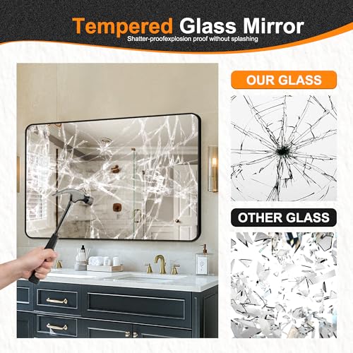 Image of Delma Bathroom Vanity Mirror, Black Framed Mirror for Over Sink, 50x30 | HD glass, distortion-free for makeup and grooming, Sturdy frame, all mounting hardware, hangs horizontal or vertical