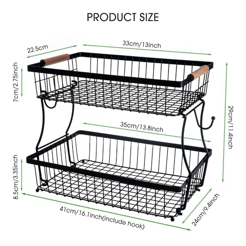 Stormshopping 2 Tier Fruit Basket with 2 Banana Hangers, Countertop Fruit Vegetable Basket Bowl for Kitchen Counter Metal Wire Fruits Storage Stand Holder Organizer for Bread Snack Veggies Produce