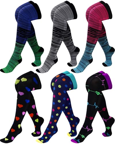 6 Pcs Large Size Thigh Compression Socks for Women Men 20-30 MMHG Circulation Wide Calf Knee Support Stocking
