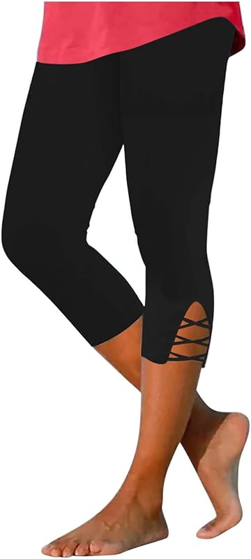 maisdgop Women's Capri Pants Tummy Control Knee Length Yoga Leggings Casual Sexy Solid Cutout High Waisted Cropped Pant