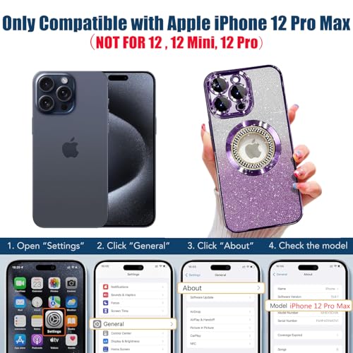 Image of Misscase for iPhone 12 Pro Max Magnetic Glitter Case Compatible with MagSafe,Full Protection Slim Shockproof Anti-Scratch Case with Camera Lens Protector Logo View Dust-Proof Net for Women Purple