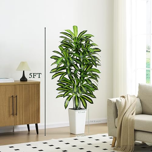 Artificial Dracaena Plant Indoor 5FT Fake Tree with White Tall Planter, Tall Fake Floor Plant in Pot, Artificial SilkPlant for Home Decor Office Living Room Porch Patio Housewarming(5 Trunks 150CM) - Image 5