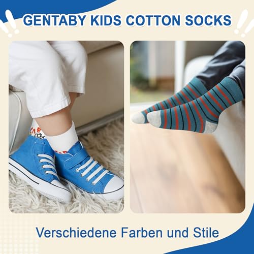 GENTABY 12 Paar Jungen Socken Kinder Baumwollesocken Crew Socken mit Cartoon- und Streifenmustern Gemütlich Atmungsaktiv Mehrere Farben für 3-5 Jahre