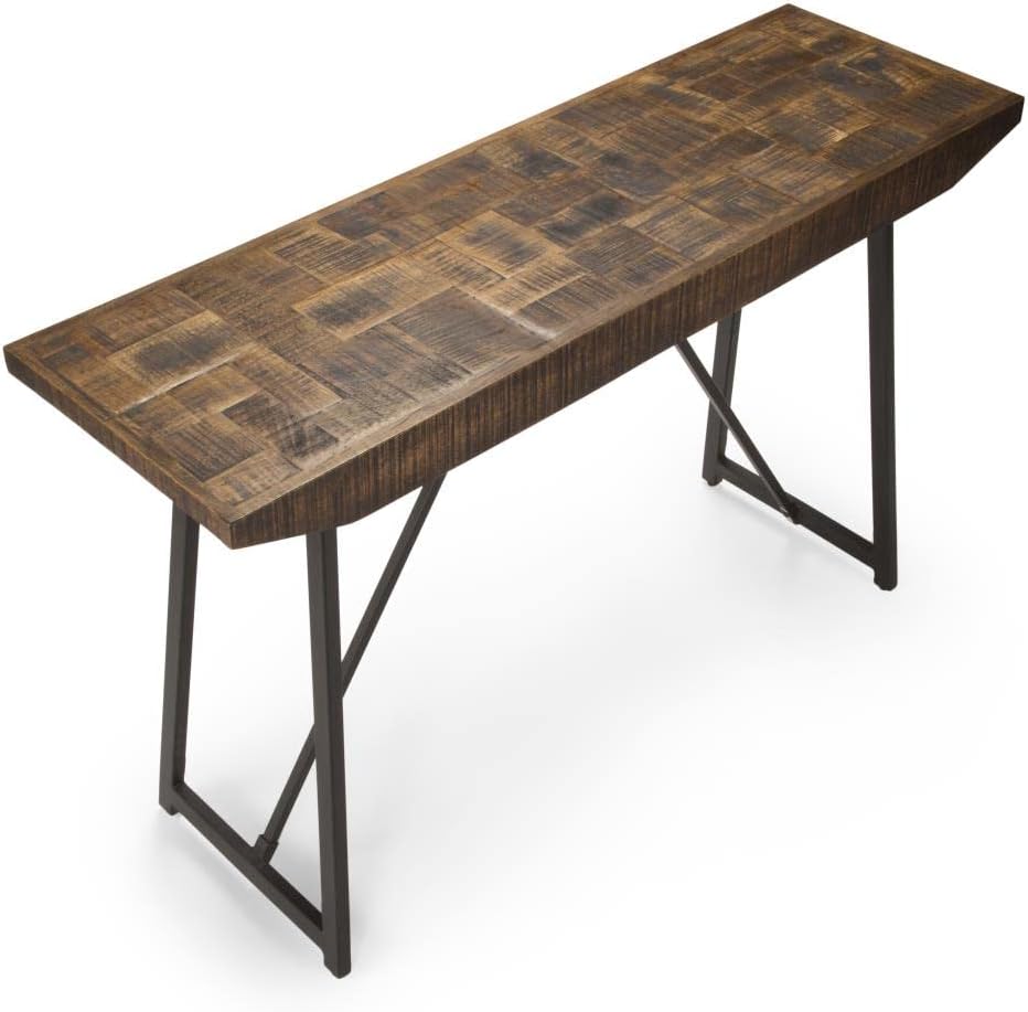 Steve Silver Walden Natural Finish Distinctive Wood Pattern, Sturdy Iron Sofa Table, 48" L x 15" W x 30" H, Mango with Parquet Design/Dark Gray Base