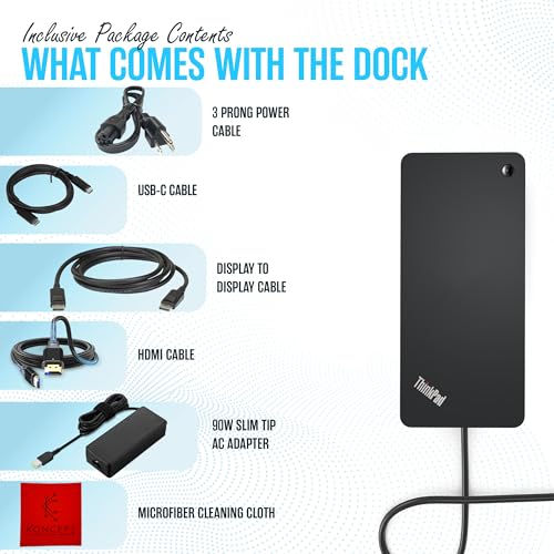 Image of 40AY0090US Lenovo Thinkpad Docking Station Dual Monitor - Supports 4K Display, Thinkpad Dock with 90W, HDMI, DP, USB C Cables - Lenovo Docking Station