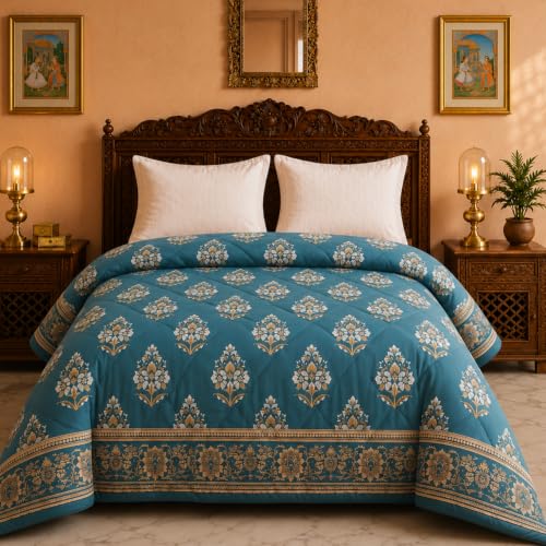 Image of SANMARINO 220 GSM Cotton Comforter for Double Bed | Premium Jaipuri Printed Reversible Quilt | Ultra Soft Lightweight All Season Blanket | Breathable, Skin Friendly - 220 x 230 cm,Peacock Blue