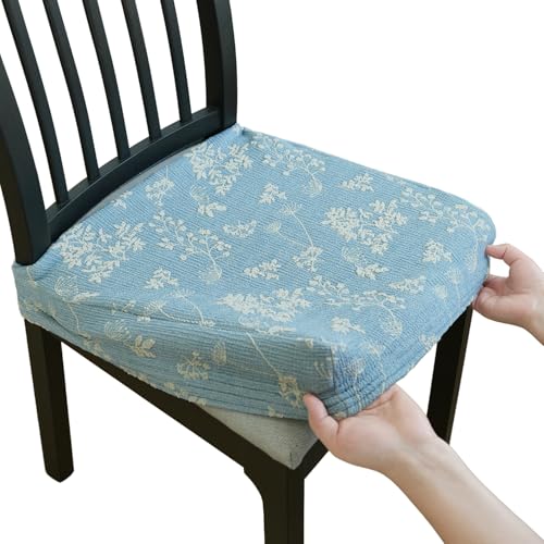 Lawalon Jacquard Dining Chair Seat Covers (Blue, Set of 2) – Stretch Cotton-Blend Slipcovers with Yarn-Dyed Floral Design, Thick Elastic Washable Seat Protectors for Kitchen or Dining Room Chairs