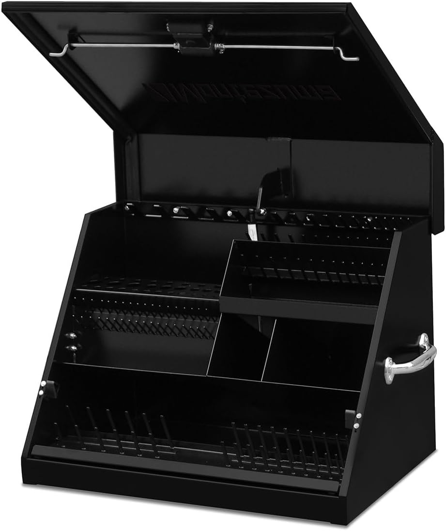 Montezuma – SE250B – 26-Inch Portable TRIANGLE Toolbox – Multi-Tier Design – Heavy-Duty Steel Construction – SAE and Metric Storage Chest – Weather-Resistant Toolbox – Lock and Latching System, Black