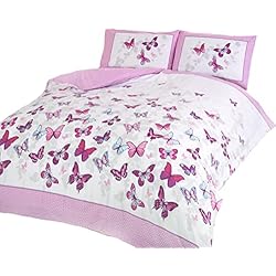 Colcha Mariposas Art - Juego de Funda nórdica y almohadones en Rosa y Blanco con diseño de Mariposas para Cama Individual, Algodón y poliéster., Rosa, Doublé