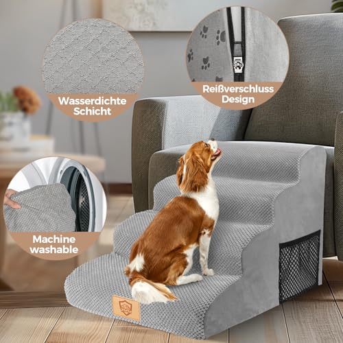 MASTERTOP Hundetreppe 4 Stufen, Hunderampe für Sofa aus Hochdichtem Schaumstoff, Haustiertreppe mit Waschbarem Plüschbezug und Rutschfestem Boden für Große/Kleine Katzen und Hunde, Grau