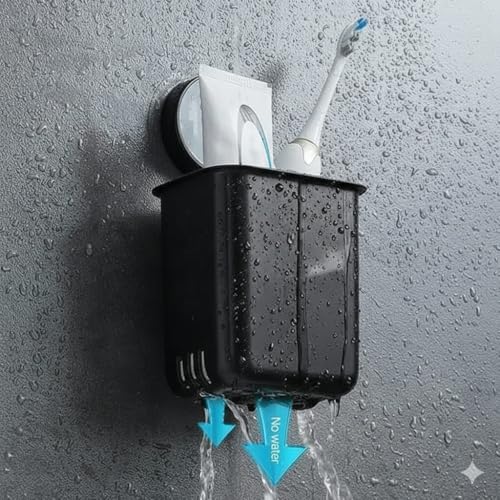 Image of Wall-Mounted Tooth Brush Holder Bathroom - Self-Adhesive Bathroom Organiser Without Drill for Toothbrushes, Toothpaste and Makeup Brushes - Plastic Brush Holder for Bathroom (2, Black)