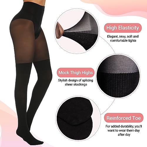 MANZI Womens Faux Thigh High Stockings Black Opaque Tights Stitching Sheer Pantyhose Mock Over the Knee Goth Tights Run Resistant Nylons