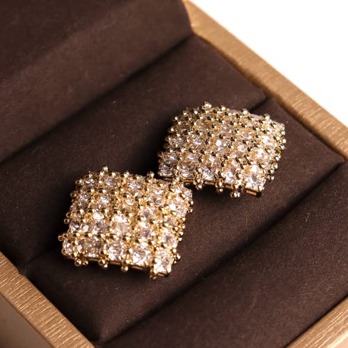 Sonateomber Large Rhinestone Stud Gold Square Geometric Statement Earrings For Women - Big Sparkly Cubic Zirconia Ball Beaded Vintage Rhombus Jewelry Gift #TOP7