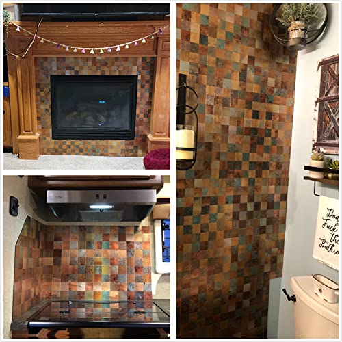 Homeymosaic 10-Sheets Peel And Stick Backsplash Metal Tile For Kitchen Bathroom Countertop Fireplace Wall Decor Square Plaid Rust Classical Retro Copper #TOP4