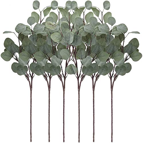 TOPHOUSE Artificial Eucalyptus Leaves Stems 6 Pcs Faux Silver Dollar Eucalyptus Leaf Branches in Grey Green for Home Party Wedding Decoration(25.5" Tall )