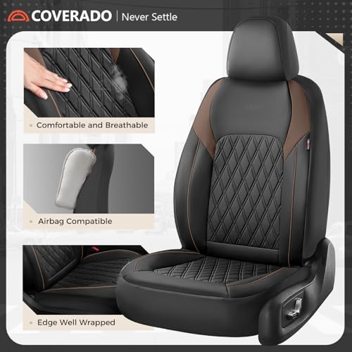 Image of Coverado Leather Seat Covers, Front and Back Seat Covers for Cars, Waterproof Automotive Seat Covers Car Seat Protector Car Seat Cushion Universal Interior Truck Accessories Fit Most Cars Black&Coffee