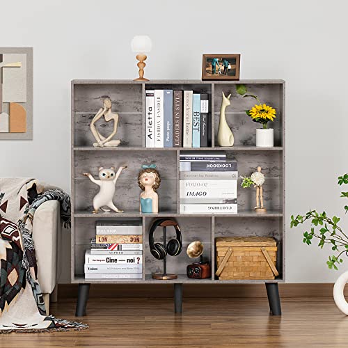 LEYAOYAO 8 Cube Bookshelf,Farmhouse Bookcase with Legs,Modern Dirty Grey Mid-Century Bookshelves,Large 3 Tier Open Storage Organizer Shelf, Retro Wood Display Book Case