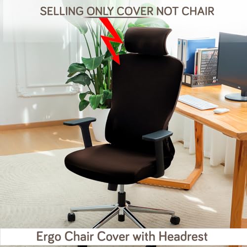 Image of HOKIPO 140 GSM Office Chair Cover with Headrest (High-Back) - 140 GSM Stretch Fabric - Washable, Anti-Slip Fit for Ergonomic Mesh Office Chairs, Chocolate Brown (AR-6704-BRN)