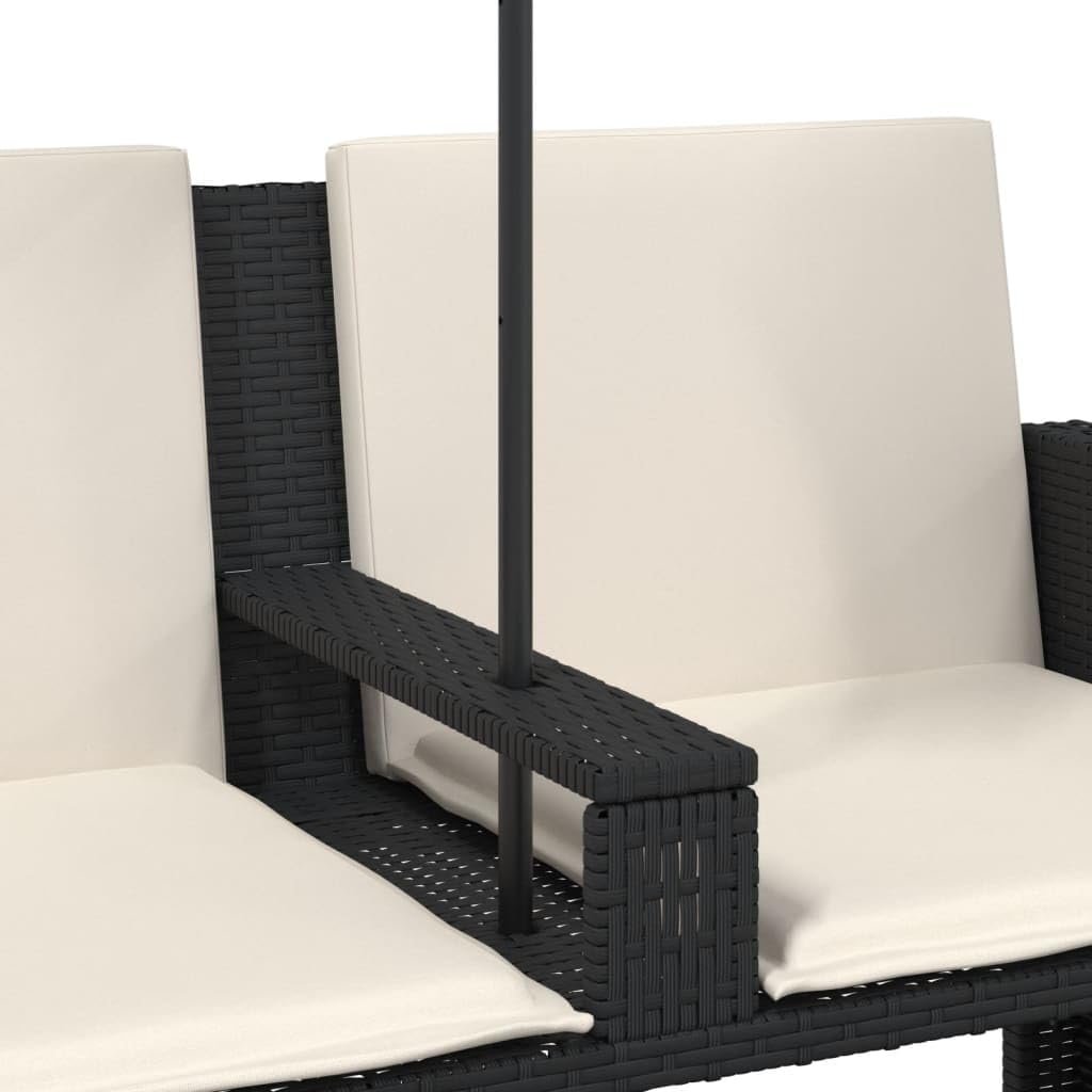 2-os. sofa ogrodowa z parasolem i stołkami, czarna, polirattan, komplet mebli tarasowych z poduszkami, stabilna stalowa rama, regulowany parasol, składane podnóżki, do na warunki atmosferyczne