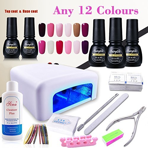 Nail Polish (Pick Any 12 Colors) Nail Art Base Top 36W UV Lamp Soak Off Cleanser Plus Files Removers Buffer Nipper Push Wipes Stipes Roll FairyGlo