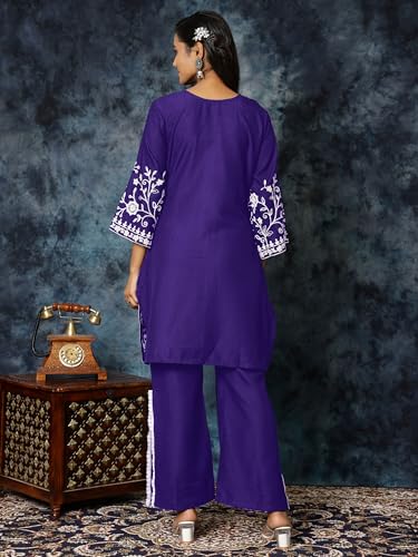 Image of EthnicJunction Women's Cotton Blend Chikankari Embroidered A-Line Kurta Palazzo Set Ethnic Wear Office Wear Daily Wear Festive Kurta Set for Women