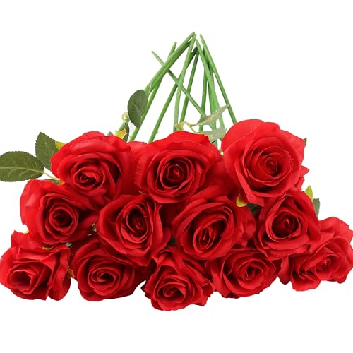 HNVNER 12 Pcs Red Artificial Roses Flowers, Fake Roses Faux Silk Red Flowers Bouquets with Stem for Wedding Home Decor
