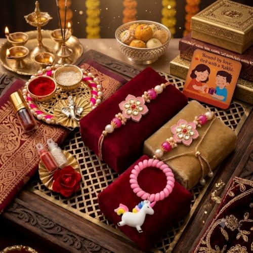 Image of SAUDEEP INDIA Decorative Fridge Magnet for Refrigerator Decor | Family Rakhi Combo Set for Bhaiya Bhabhi & Kid with Thali | Raksha Bandhan Gift | Couple Rakhi with Kid Rakhi | Festival Home Decoration