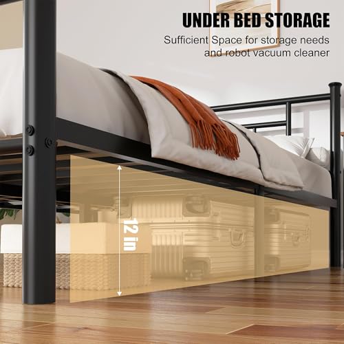 Image of Shintenchi Twin XL Square Bed Frame with Headboard and Footboard, Metal Mattress Foundation with Under Storage, Steel Slats