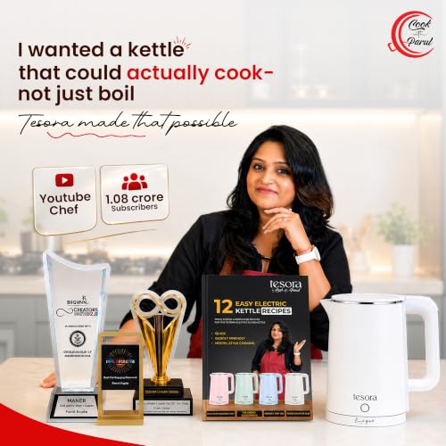 Image of Tesora by Cook with Parul Electric Kettle, 1.8L, 12 Recipes Book Included, 1500W, 100% Stainless Steel Inner Body, Auto Shut-Off, Boil-Dry & Overheat Protection, Cool Touch Double Wall (White)