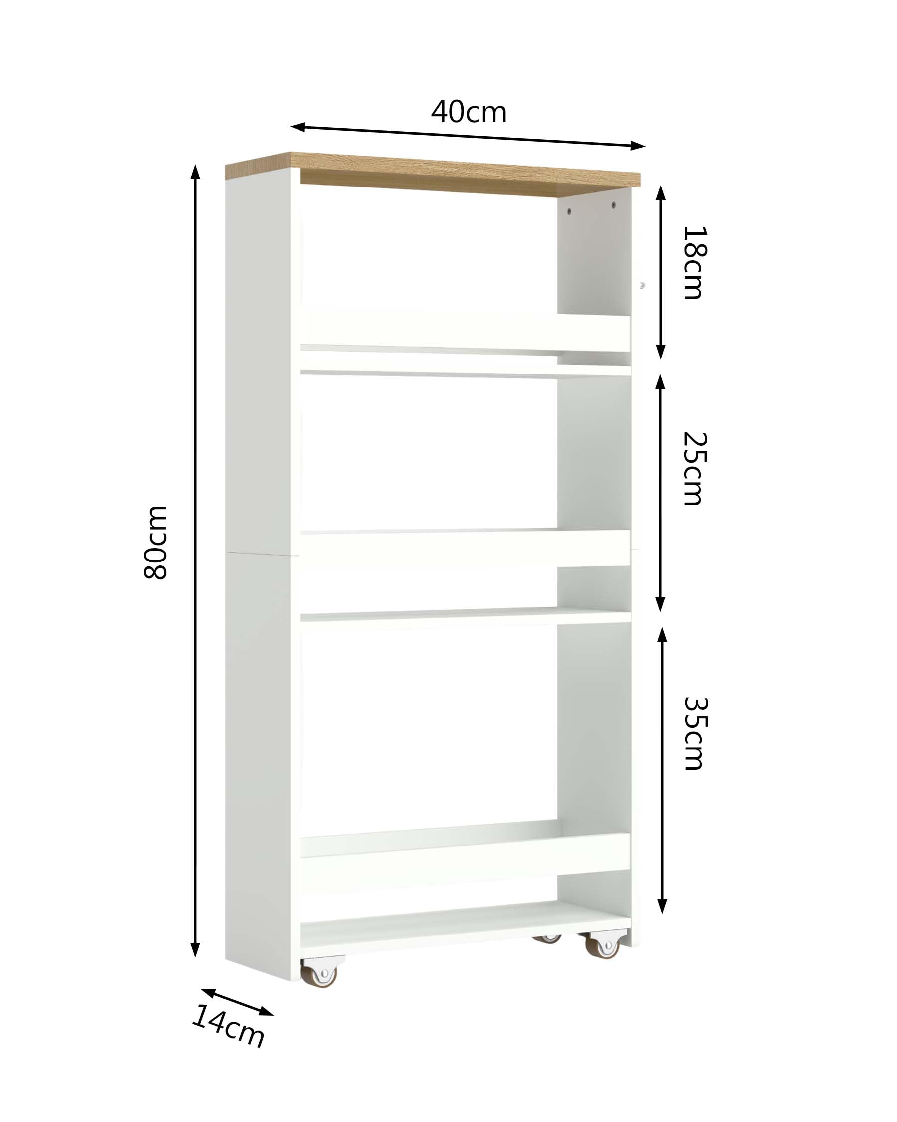 Chariot de Rangement étroit avec roulettes Blanc 40 x 14 x 80 cm pour Salle de Bain et Cuisine étagère Cuisine Salle de Bain Organisateur Meuble de Rangement 3 Niveaux Espace étroit