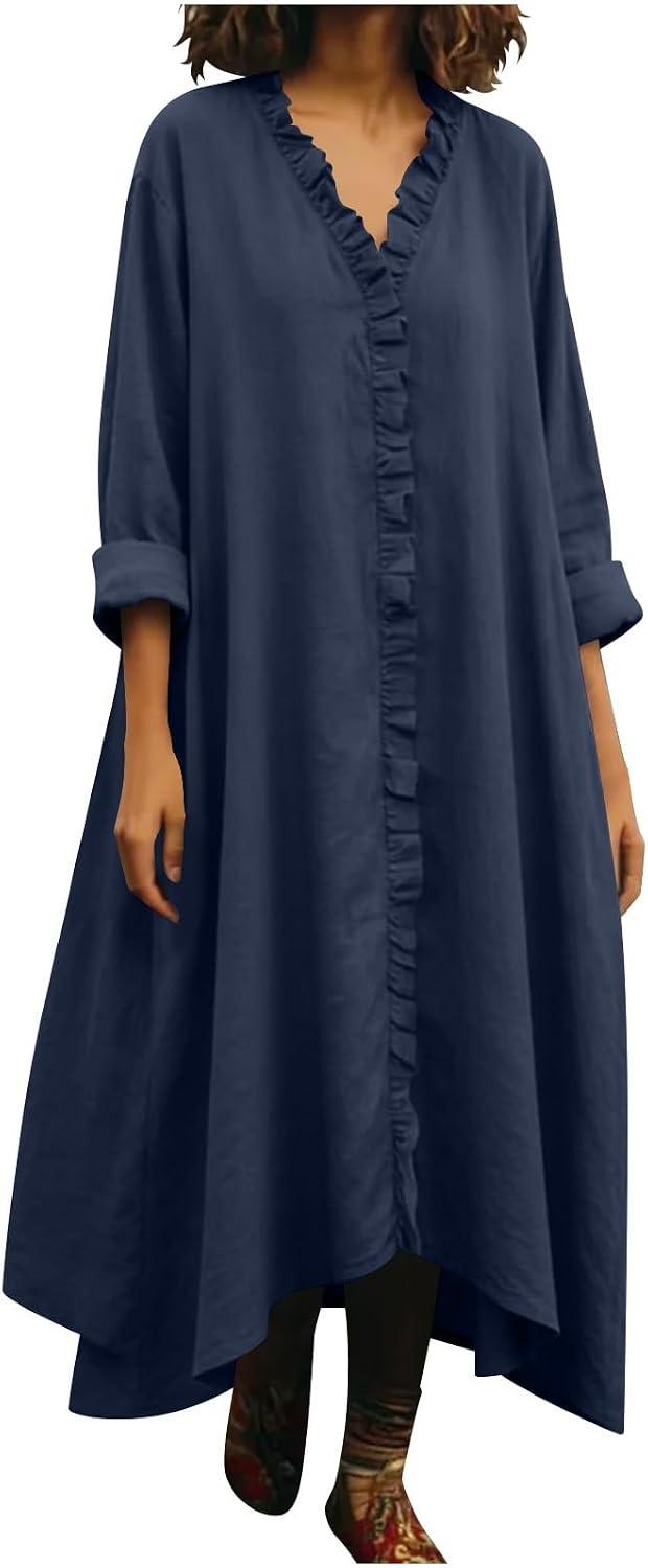 Linen Dress for Women Cotton Long Sleeve Maxi Dresses Spring Summer Casual Trendy Boho Ruffle Swing Flowy Dress