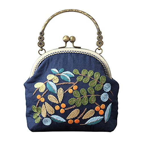 Image of Gogobear Handmade DIY Embroidered Purse Beginners Coin Purse Kits | Included Embroidery Cloth Bag /Chain /Craft Stamped /Hoops Threads, Birthday Gift, Handmade Souvenir