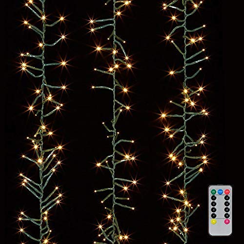 Raz Christmas Cluster Lights Battery Operated 15 Foot Garland with 120 Warm White Lights on Green Wire with Remote Control Exclusive Twinkle Function