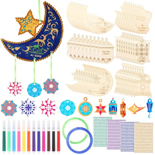Teyva Daily 24 Sets Wood Eid Al Adha Decoration Mubarak Ramadan Kareem Wooden Ornaments Moon Star Lantern Hanging Hollow Pendant DIY Coloring Wind Chime for Muslim Islam Home Festive Party Decor