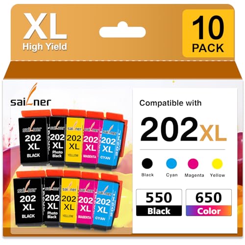 SAILNER 202XL Ink Cartridges Replacement for Epson 202 XL 10 Pack High Yield Compatible with XP-6100 XP-6105 XP-6000 XP-6005 XP-6001 Printers (2 Black 2 Cyan 2 Magenta 2 Yellow 2 Photo Black)