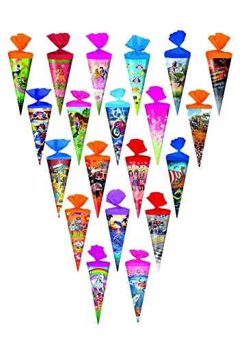 Preisvergleich Produktbild 20x Schultüte / Zuckertüte / Länge: 25cm / rund / 20 verschiedene Motive