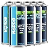 Nordo 5 en 1 – 5 latas de refrigerante R134a de 235 g Cada una para Aire Acondicionado de Coche con Aceite, sellador de Fugas, trazador UV y deshidratante – Protege el compresor