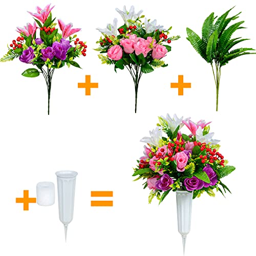 Flores artificiales cementerio con lirios artificiales y jarrón decorativo para lápida, 2 sets 4