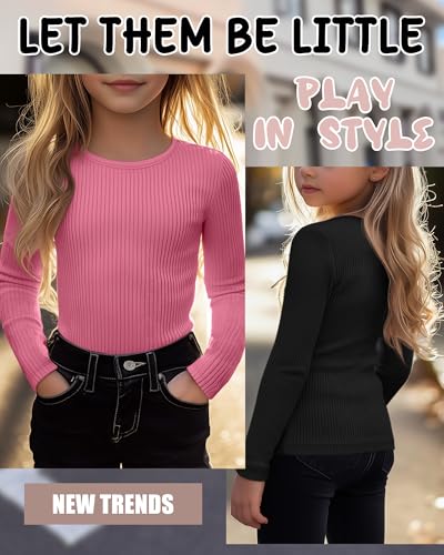 Image of 4 Pack Girls Long Sleeve Shirts Ribbed Knit Cotton Crewneck Tops Slim Fit Soft Casual Kids Base Layer Undershirts