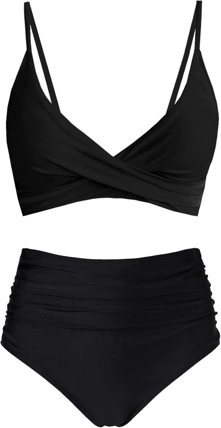 Women's High Waisted Bikini Sets Push Up Twist Front Spaghetti Straps Ruched Two Piece Swimsuit Bathing Suit