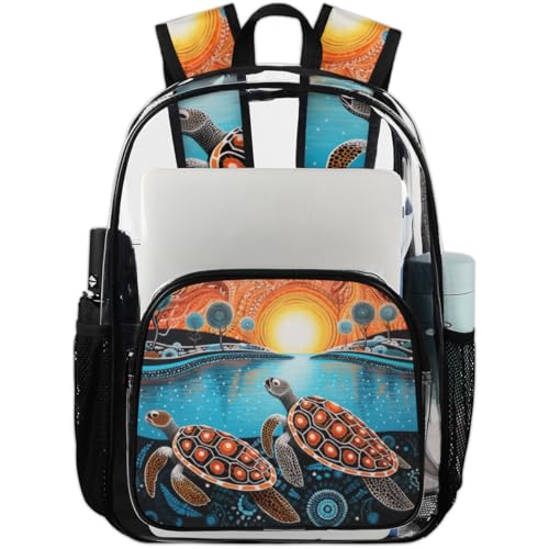 Hand Painted Abstract Turtle Clear Backpack Stadium Approved PVC Backpacks for Adults Heavy Duty Clear Bag for Work Security Travel College