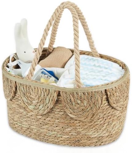 FairyHaus Diaper Caddy Organizer, Portable Natural Wicker Diaper Caddy with Rope Handles and Cotton Divider, Handwoven Seagrass Diaper Caddy Basket with Scalloped Edge for Nursery Picnic