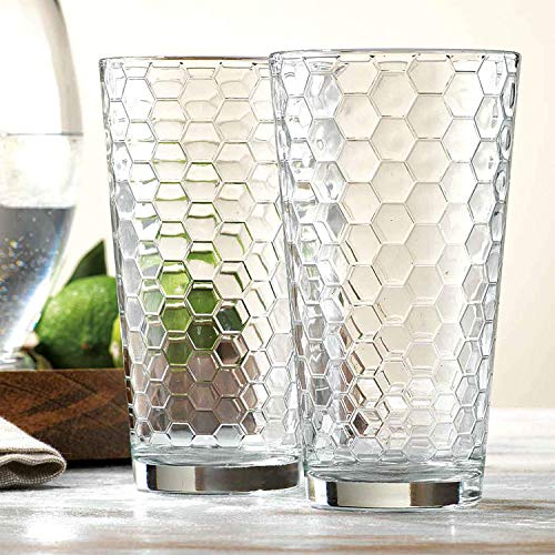 Circleware Paragon Honeycomb Set of 4 Heavy Base Highball Drinking Glasses Tumblers Ice Tea Beverage Cups Glassware for Water, Juice, Beer and Bar Decor Gift, 15.7 oz, 4pc