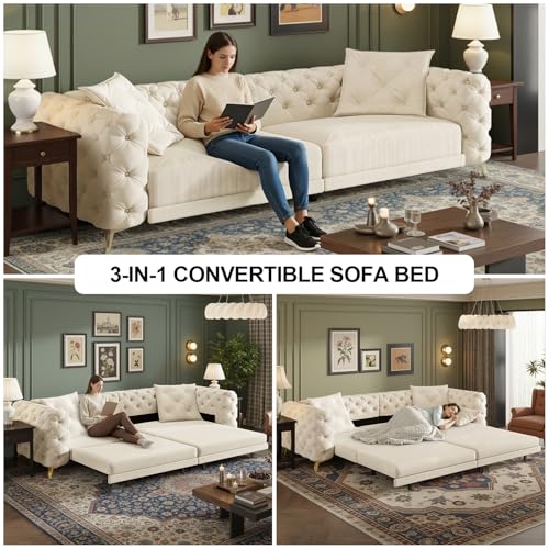 Image of KCGKCG 97.7 inch Sleeper Sofa Bed, Velvet Sectional Couches for Living Room /Bedroom, 3 in 1 Pull Out Couch Bed, Convertible Sectional Couch loveseat Sofa with Movable Ottoman, Beige