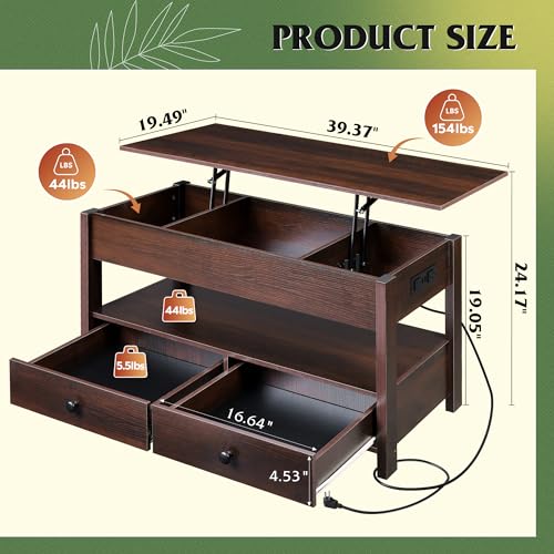 Image of WLIVE Lift Top Coffee Table with 2 Drawers Storage, LED Light, Espresso | Mid Century Modern Wooden Coffee Table, for Dining /Living Rooms /Offices; 39.4 inchW x 19.5 inchD x 19.1 inchH