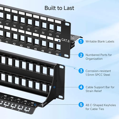 Image of Cable Matters Rackmount or Wall Mount 2U 48 Port Keystone Patch Panel with Cable Management and Support Bar, 19-inch Blank Patch Panel for Keystone Jacks
