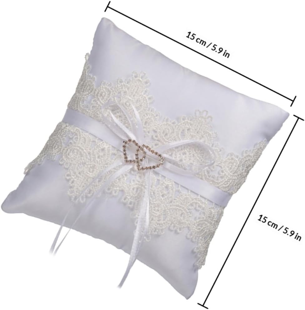 White Lace Double Heart Wedding Ring Pillow Pearls, Bridal Shower Ring Bearer Cushion for Wedding Party Decoration and Ceremony Supplies