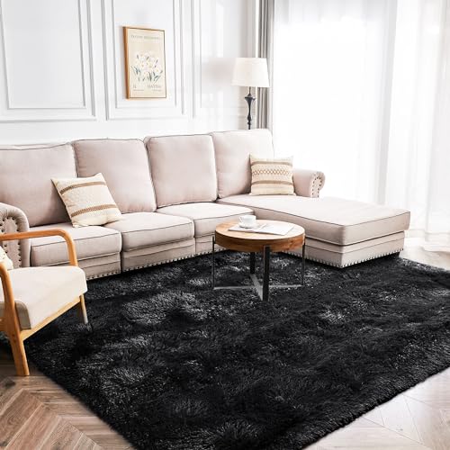 Fluffy Rug Lightweight 6x9 Feet, Black Cool Rugs for Bedroom Non Slip, Soft Fuzzy Aesthetic Rugs for Bedroom Men