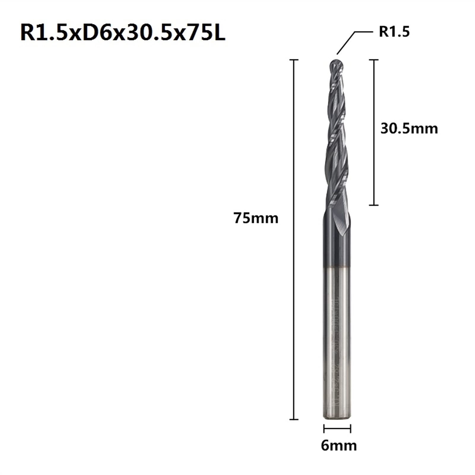 YINGJUN Tungsten Carbide Tapered Ballnose Fin Mill R0.25-R2.0 bit de enrutador CNC for Cortador de molienda de Madera CNC Grabado bit (Size : R1.5xD6x30.5x75L)